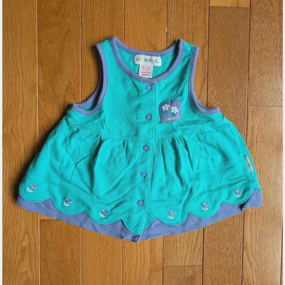 Vintage Gymboree Rainbow Tag Girls Infant Teal Purple Floral Dress Scallop Hem